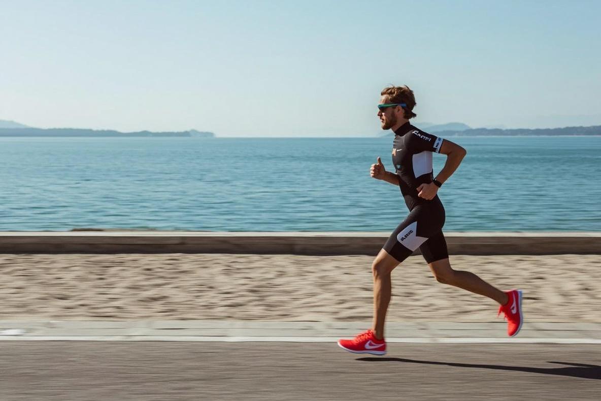 ein triathlet, der an einer strandpromenade läuft. im hintergrund das ruhige meer, in der ferne berge. er trägt einen schwarz-weissen triathlon-einteiler und eine sonnenbrille