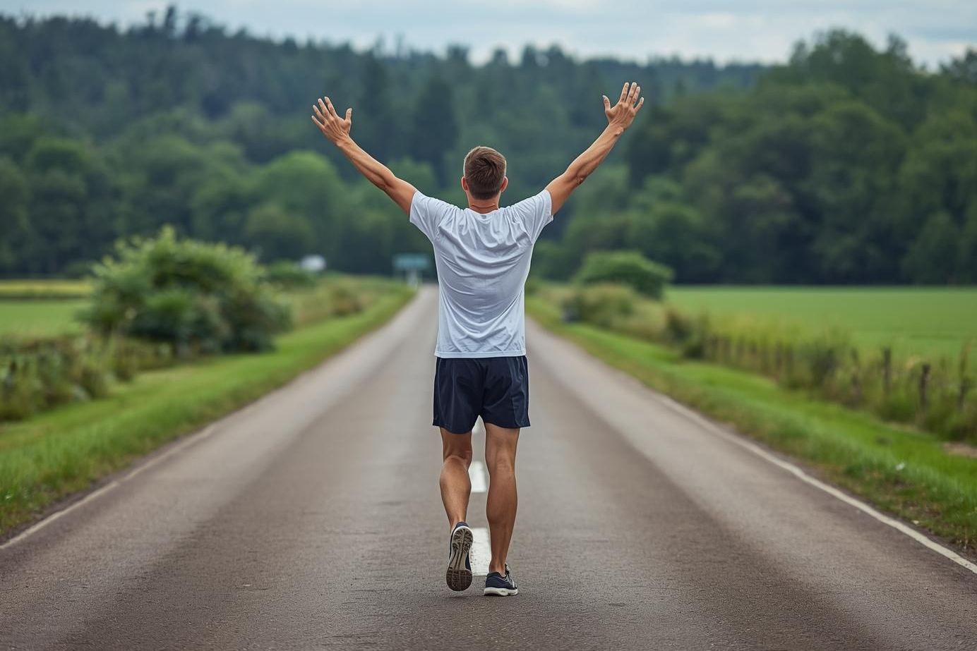 Ein Läufer von hinter, der in der Mitter einer geraden Straße  geht und die Arme jubelnd in die Höhe hebt