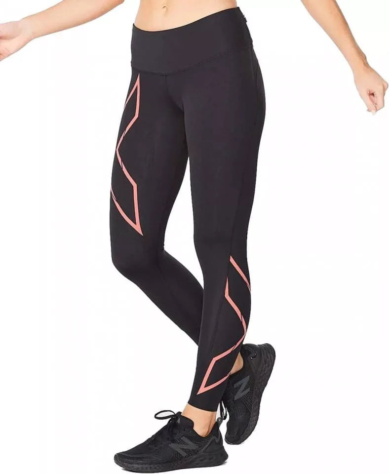 2XU Light Speed Mid-Rise Compression Tights, Damen, Laufhose, Black/Cranberry Reflective