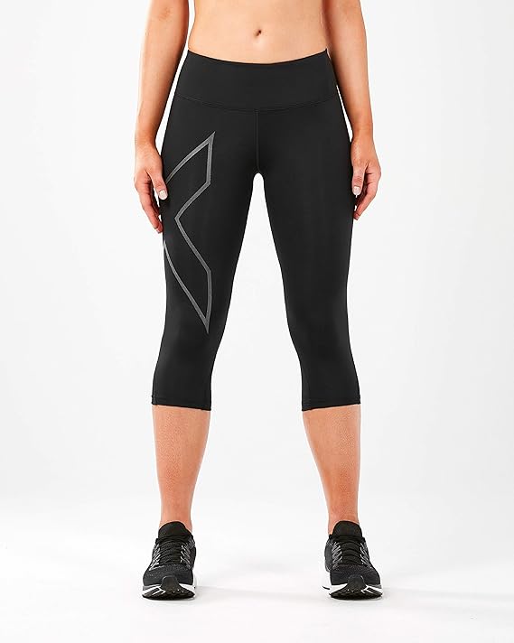 2XU Mid-Rise Compression 3/4 Run Tights with Back Storage, Damen, Black/Black Reflective