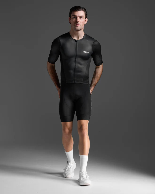 2XU Aero Hex Tri Sleeved Top, Herren, Black/White