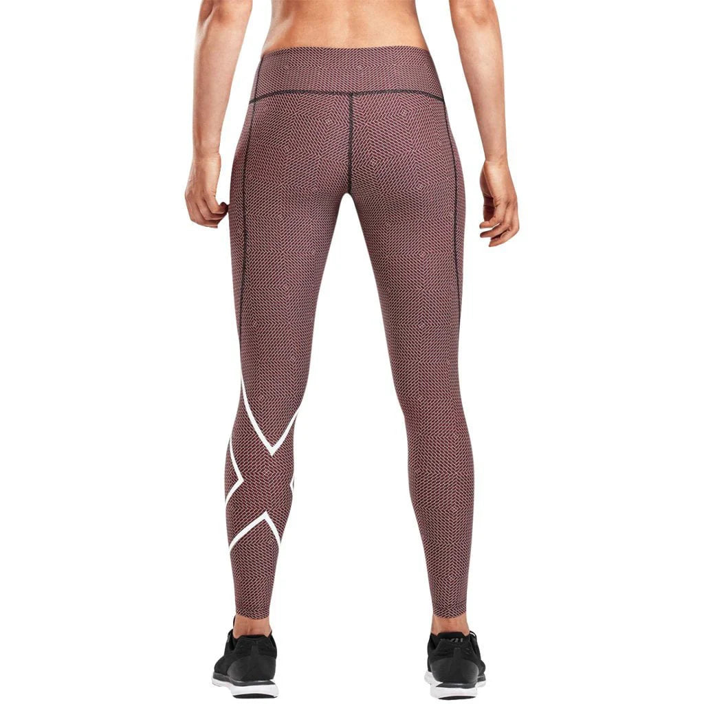 2XU Print Mid-Rise Comp Tights, Damen, Laufhose, Brick Pink/White