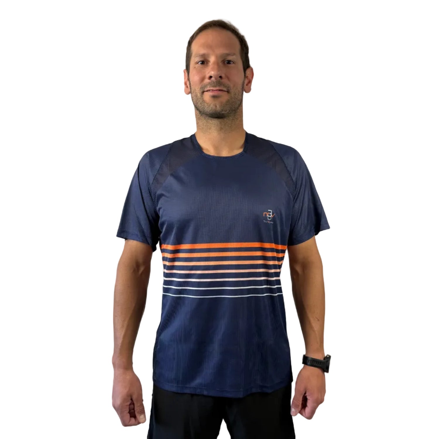 Trinovate Elite Kurzarm-Laufshirt, marine-glow, von vorn am männlichen Modell