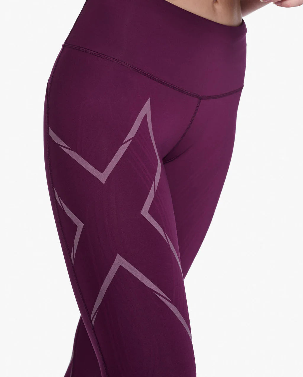 2XU Light Speed Mid-Rise Compression Tights, Damen, Laufhose, Beet/Beet Reflective