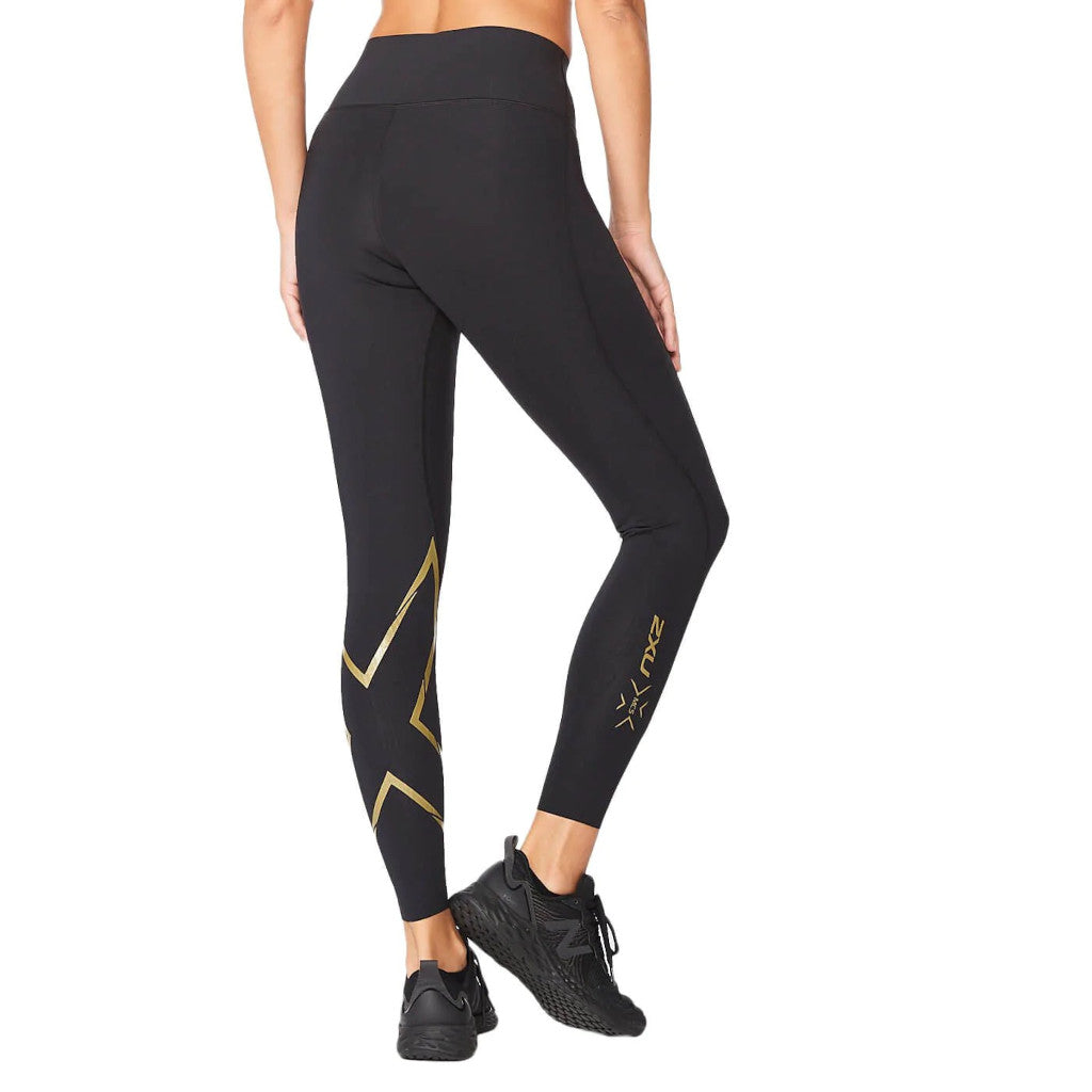 2XU Force Mid-Rise Compression Tights, women, running pants, black/gold, black/gold