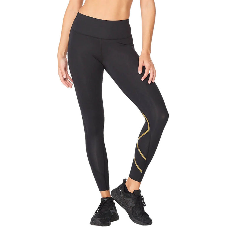 2XU Force Mid-Rise Compression Tights, women, running pants, black/gold, black/gold